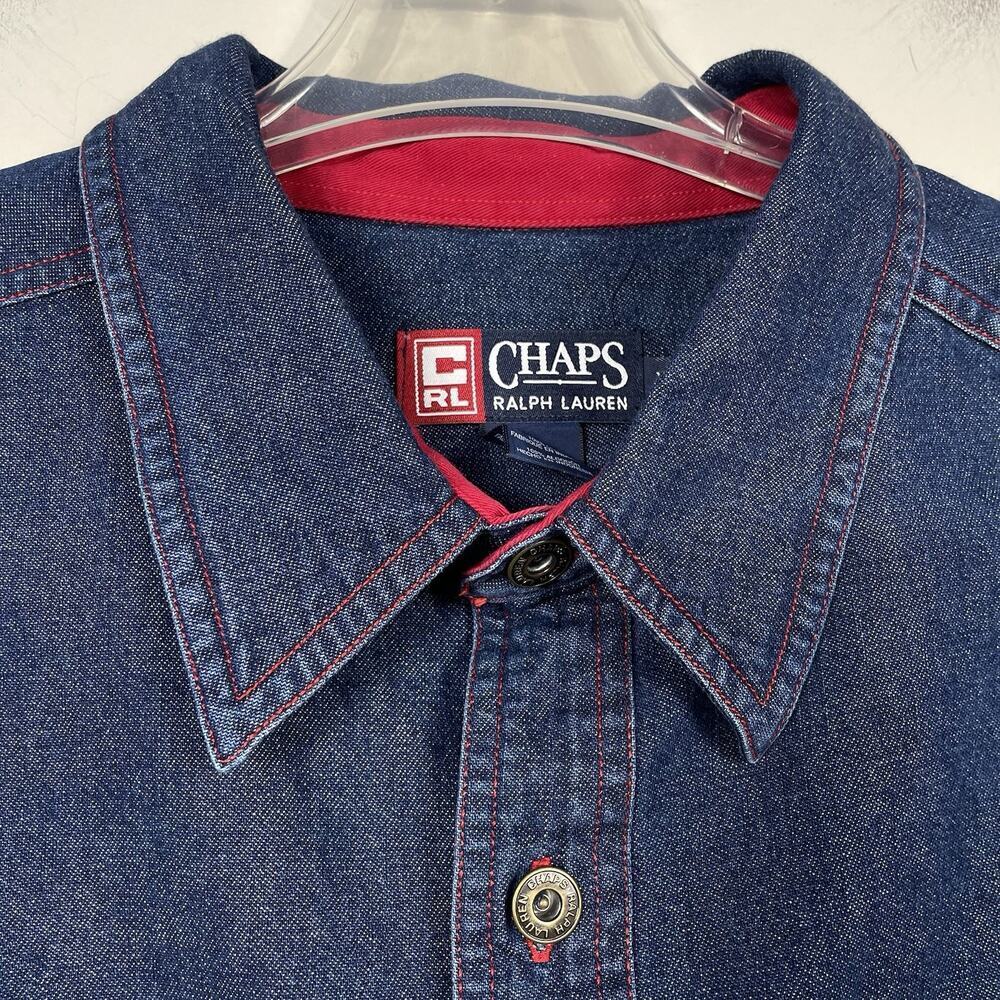 Vintage Ralph Lauren Chaps Denim Shirt Mens XL Y2K Red Stitching Sleeve Spellout - Picture 4 of 13